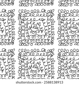 Intricate hand-drawn black and white pattern featuring loops and spirals on a white background