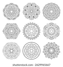 Intricate hand-drawn mandala with elegant floral and ethnic patterns. Perfect for wellness branding, yoga meditation tattoos mehndi fabric prints coloring pages home decor and digital design projects.