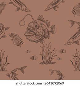 An intricate hand-drawn pattern showcasing an anglerfish, sturgeon, and aquatic flora, perfect for unique oceanic designs.