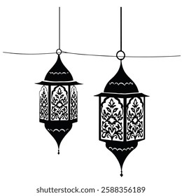 Intricate Hanging Lanterns Vector – Arabic, Islamic, Ramadan Silhouette Design