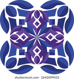 An intricate and harmonious abstract symmetrical design featuring layers of blue and purple geometric floral elements radiating