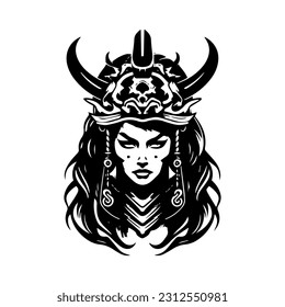 Intricate and haunting hand drawn illustration of a samurai girl, embodying the fusion of undead and traditional Japanese aesthetics