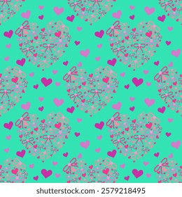 Intricate heart Bow pattern on aqua background. This delicate and decorative motif is suitable for textiles, wallpaper, or gift wrap, emphasizing elegance and charm.