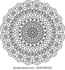 Intricate heart-patterned mandala perfect for coloring, relaxation, and mindfulness activities. Detailed geometric design for various creative projects