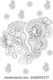 Intricate Henna Design with Couple and Floral Motifs, Detailed black and white line art featuring a stylized representation of a couple integrated into a decorative henna or mehndi pattern,