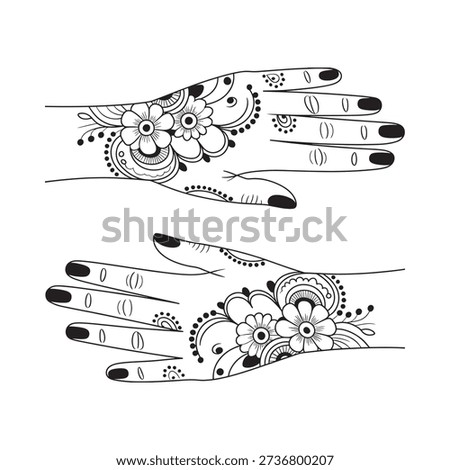 Intricate henna designs adorn the back of two hands showing floral motifs