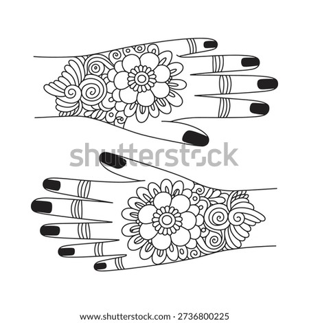 Intricate henna designs adorn the back of two hands showcasing floral motifs
