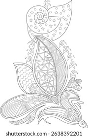 Intricate Henna Inspired Line Art Design, Detailed black and white line drawing featuring swirling shapes, leaves, geometric patterns, stars, and circles, inspired by traditional henna and mehndi