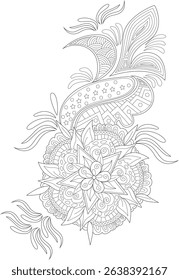 Intricate Henna Style Floral Line Art Design, Detailed monochrome line drawing resembling a traditional henna or mehndi pattern. Features ornate swirls, leaves, stars, and a central floral motif,