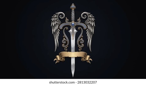 Intricate heraldic emblem featuring a sword, feathery wings, and a scroll, perfect for gaming clan logos, fantasy book covers, and historical branding.