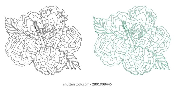 An intricate hibiscus mandala coloring page for adults. Detailed tropical floral line art with varying black and green outlines. Perfect for stress-relieving coloring books and KDP.