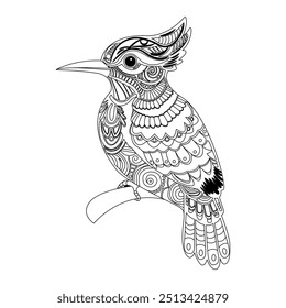 Intricate hoopoe bird drawing for adult colouring pages. Perfect for stress relief and creative expression.