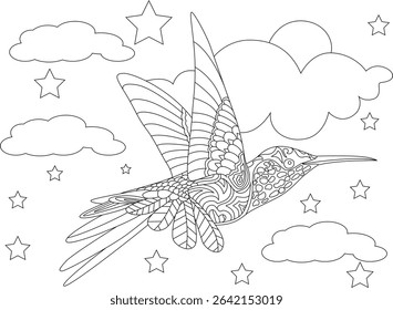 Intricate Hummingbird Coloring Page with Stars and Clouds, Black and white line art illustration of a beautiful hummingbird in flight among clouds and stars, featuring intricate patterns on the