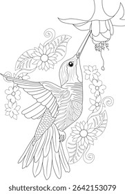 Intricate Hummingbird and Floral Line Art for Coloring, Detailed black and white line drawing of a hummingbird feeding from a stylized flower, surrounded by decorative floral elements. Ideal for