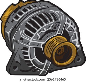 Intricate illustration of an automotive alternator, showcasing advanced engineering and mechanical design, perfect for car enthusiasts and technical art lovers