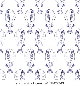 Ilustração intrincada de um pufferfish fugu, mostrando sua textura única e espinhos venenosos. iguaria exótica de frutos do mar do Japão rendida em estilo desenhado à mão.