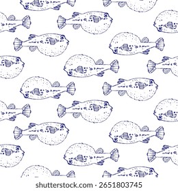 Ilustração intrincada de um pufferfish fugu, mostrando sua textura única e espinhos venenosos. iguaria exótica de frutos do mar do Japão rendida em estilo desenhado à mão.