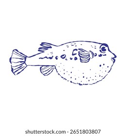 Ilustração intrincada de um pufferfish fugu, mostrando sua textura única e espinhos venenosos. iguaria exótica de frutos do mar do Japão rendida em estilo desenhado à mão.