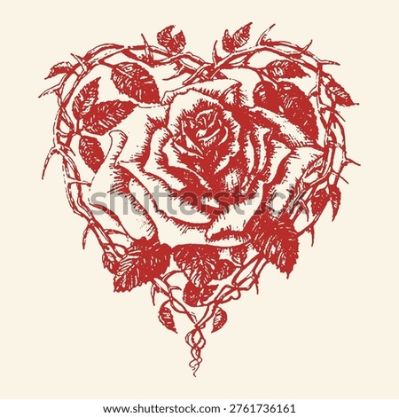 An intricate illustration of a heart shape formed by intertwined rose vines, thorns, and leaves. a detailed rose bloom is centrally featured within the heart, a detailed rose, love