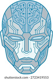 Eine komplexe Illustration eines menschlichen Kopfes, der mit eingebetteten Leiterplattenmustern entworfen wurde, die künstliche Intelligenz, fortschrittliche Technologie und einen digitalen Geist symbolisieren. Das Kunstwerk zeichnet sich durch eine Kombination aus grauen und hellblauen Tönen aus, wobei der Hirnbereich durch komplexe Schaltungslinien deutlich umrissen wird, was die Verschmelzung des menschlichen Intellekts mit Roboter- oder Computerverarbeitungsfähigkeiten hervorhebt. Diese Grafik stellt Konzepte wie Cyborgs, maschinelles Lernen, futuristische Technologie und die kognitiven Prozesse von KI-Systemen dar.