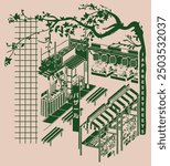 Intricate illustration of a Japanese street market scene, featuring traditional stalls and lanterns. Ideal for designs capturing the essence of Japanese culture, perfect for posters, apparel