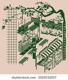 Intricate illustration of a Japanese street market scene, featuring traditional stalls and lanterns. Ideal for designs capturing the essence of Japanese culture, perfect for posters, apparel