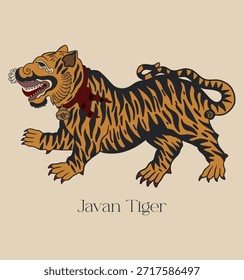 Ilustração intrincada de um tigre de Java com elementos artísticos tradicionais. Esta imagem captura a essência do patrimônio cultural e o simbolismo da vida selvagem na arte do Sudeste Asiático.