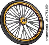 Intricate illustration of a motorcycle spoked wheel, showcasing detailed craftsmanship and dynamic design. Ideal for automotive and customization enthusiasts