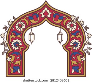 An intricate illustration of an ornate Middle Eastern style archway, featuring vibrant floral motifs and hanging lanterns, isolated on a white background.
