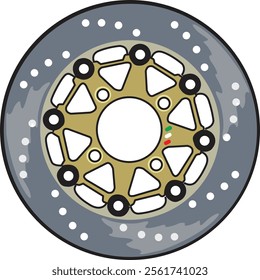 Intricate illustration of a perforated brake disc with a gold centerpiece, highlighting advanced engineering and stylish design, perfect for automotive enthusiasts and technical art admirers