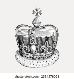 Intricate illustration of a royal crown with jewels. The crown features detailed jewels and ornate designs. A classic symbol of royalty and power. Vintage art illustration, vector.