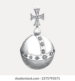 Intricate illustration of a royal orb with a cross. Detailed design of the orb, showcasing ornate patterns. The orb and cross symbolize royalty and tradition. Vintage style art, isolated vector.