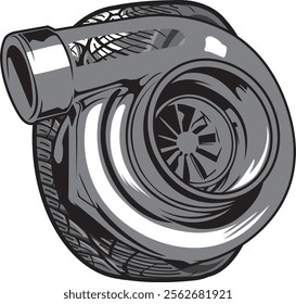 Intricate illustration of a turbocharger, emphasizing its sleek design and role in boosting engine power and efficiency for optimal vehicle performance