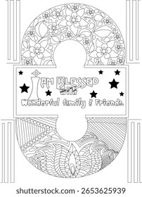 Intricate 'I'm Blessed with Wonderful Family and Friends' Positive Affirmation Coloring Page, Featuring Detailed Floral and Geometric Patterns for Mindfulness and Stress Relief