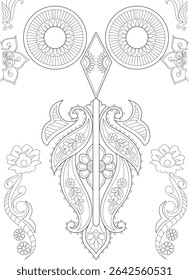 Intricate Indian Pattern Line Art, Intricate black and white line art pattern in traditional Indian style. Features floral motifs, circular designs, and paisley elements. Ideal for backgrounds,