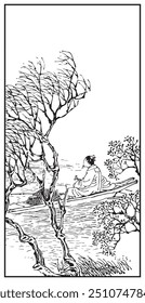 An intricate ink illustration of a solitary figure in traditional attire, seated pensively on a boat amidst serene water, bordered by graceful, leafless trees.