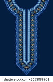 Intricate interlaced geometric embroidery for traditional Indian Kurta, with floral and heart-knot motifs in gold and blue on navy. Symmetrical pattern in Islamic style.