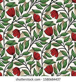 Intricate intertwined floral vines seamless vector pattern, in red and green on light background