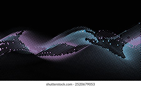 Intricate intertwined patterns featuring blue and magenta warping dotted lines gracefully intertwine with undulating waves against a striking black background.