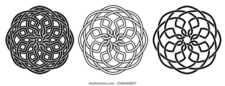 Intricate Islamic geometric ornament featuring interwoven symmetrical patterns. Black and white vector design, ideal for decoration, backgrounds, Islamic art.