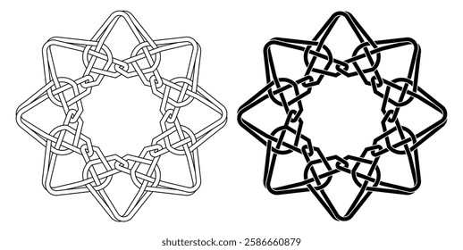 Intricate Islamic geometric ornament featuring interwoven symmetrical patterns. Black and white vector design, ideal for decoration, backgrounds, Islamic art.