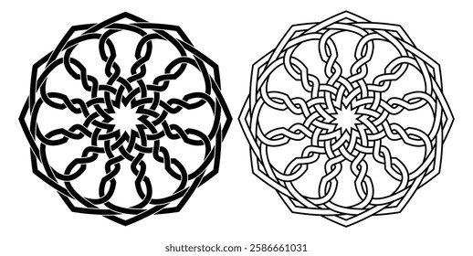 Intricate Islamic geometric ornament featuring interwoven symmetrical patterns. Black and white vector design, ideal for decoration, backgrounds, Islamic art.