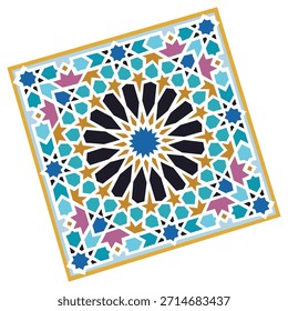 Intricate islamic geometric pattern in a vibrant mosaic tile design with colorful stars Vector