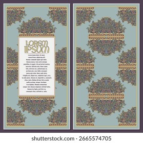 Kompliziertes islamisches mittelalterliches Blumenmuster mit buntem Vintage-Rahmen, ideal für Einladungen, Buchumschläge, Tapeten, Textilien und Dekorationsprojekte mit orientalischer Eleganz.