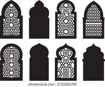 Intrincados diseños de ventanas islámicas con una colección de motivos arqueados decorativos