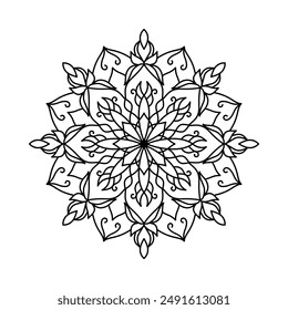 Komplexe isolierte Linie Mandala mit detaillierten, symmetrischen Muster in Schwarz auf weißem Hintergrund. Blumenmandala für Harmonie und Gleichgewicht, perfekt für Meditation, Entspannung oder künstlerische Inspiration