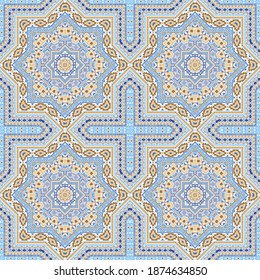 Intricate italian maiolica tile seamless ornament. Ethnic structure vector patchwork. Bedcover print design. Stylized italian mayolica tilework repetitive pattern. Interior decor template.