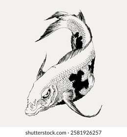 Intricate koi fish illustration in black and white. Detailed koi fish design, showcasing elegant scales and fins. Artistic koi fish drawing with flowing lines. Vintage fish illustration vector.