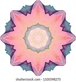 Intricate lattice woven guilloche floral rosette with shadowed pink petals set on a web of dark blue double pointed collar.