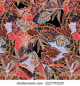 intricate leaf patterns colorful drawing watercolor print textile